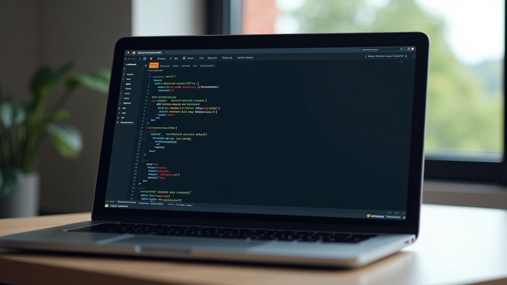 Dators ar atvērtu Visual Studio Code redaktoru, pelēka tēma, HTML kods ekrānā