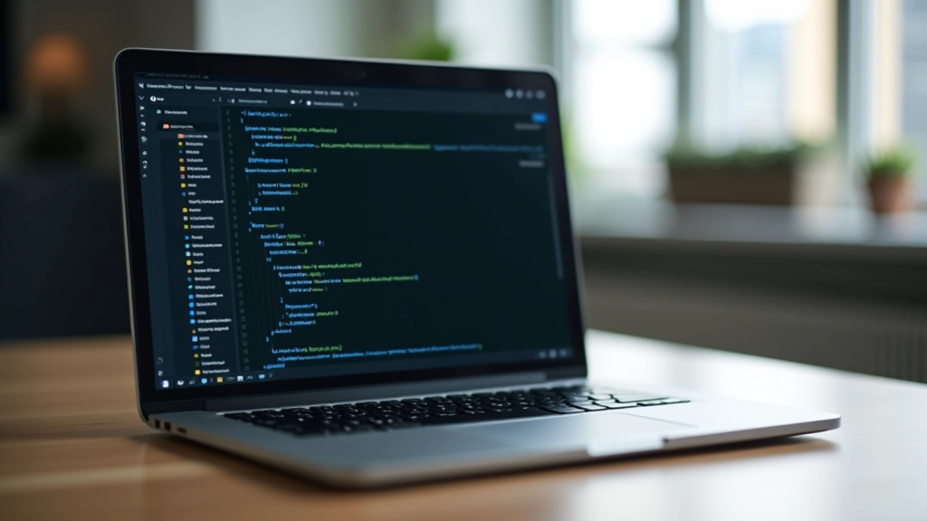 Klēpjdators ar programmēšanas redaktoru uz ekrāna, kods uz monitorā, tīra darba vieta