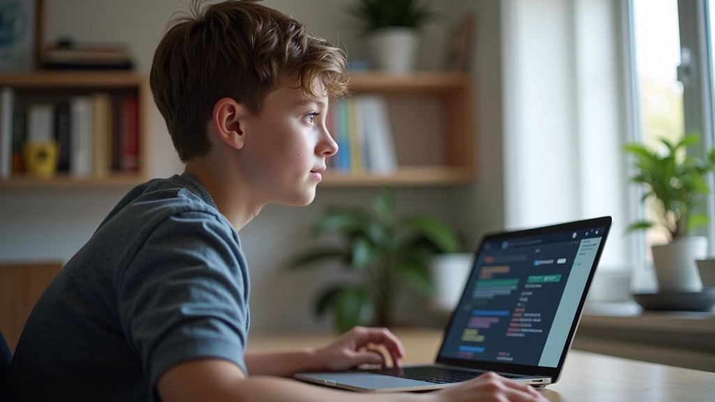 Iesācēja programmētājs datorā ar bloku programmēšanas interfeisu, mājasstrādnieka galds ar grāmata un kafija